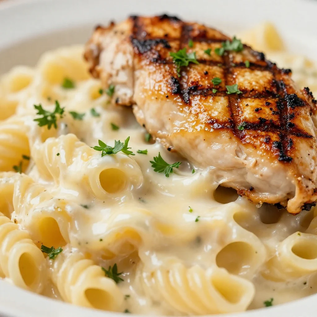 A creamy Velveeta Alfredo chicken rotini pasta dish served in a bowl