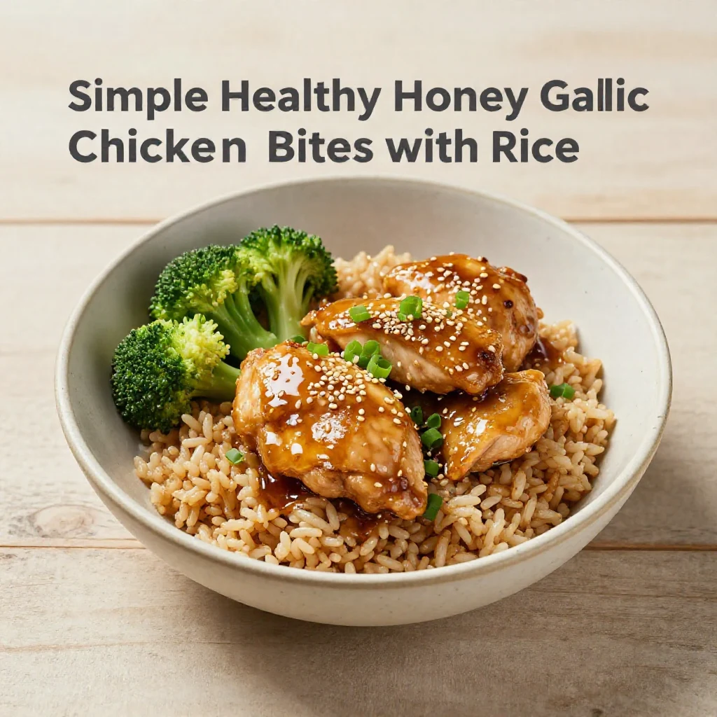 A plate of simple healthy honey garlic chicken bites served with a side of rice