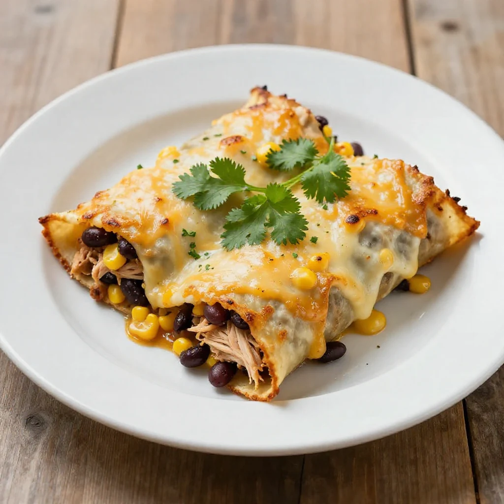 A plate of quick and healthy chicken enchiladas topped with fresh cilantro and avocado slices