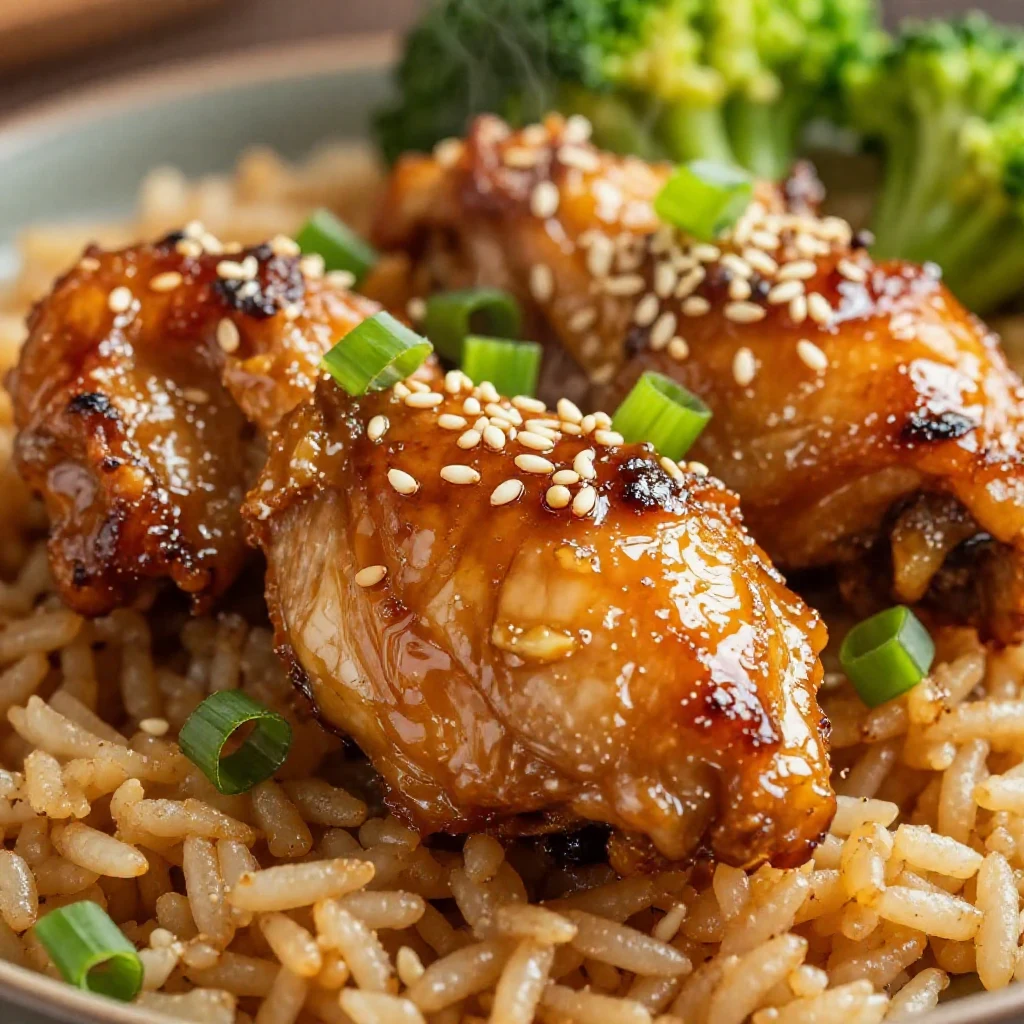 A plate of simple healthy honey garlic chicken bites served with a side of rice