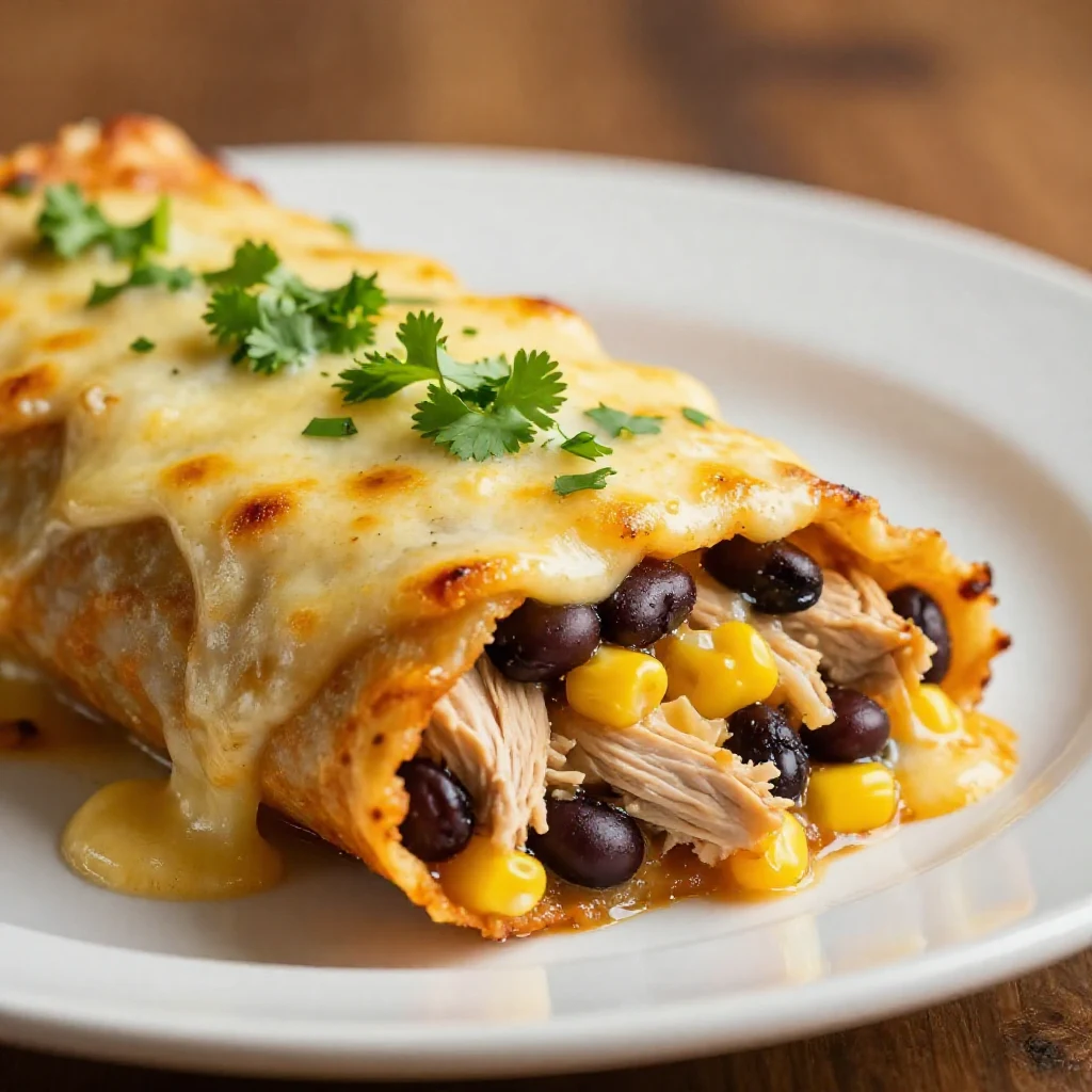 A plate of quick and healthy chicken enchiladas topped with fresh cilantro and avocado slices