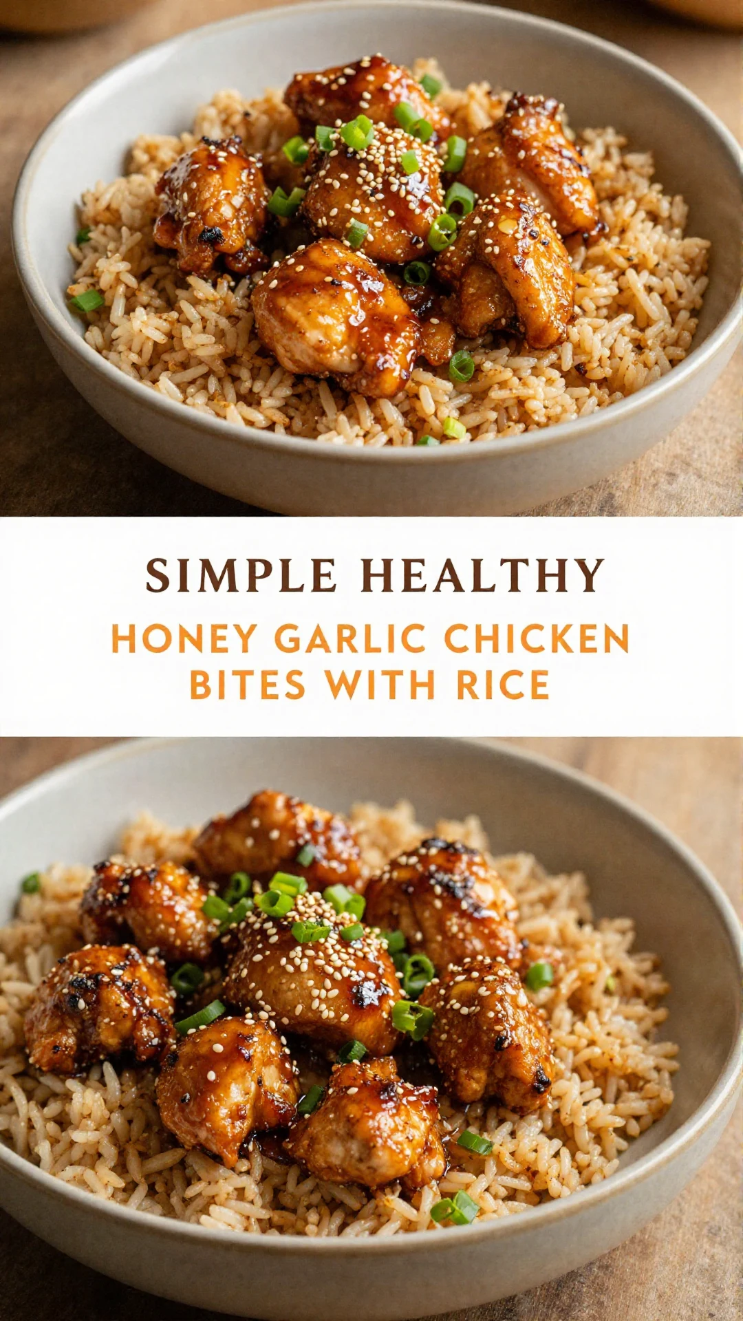 A plate of simple healthy honey garlic chicken bites served with a side of rice