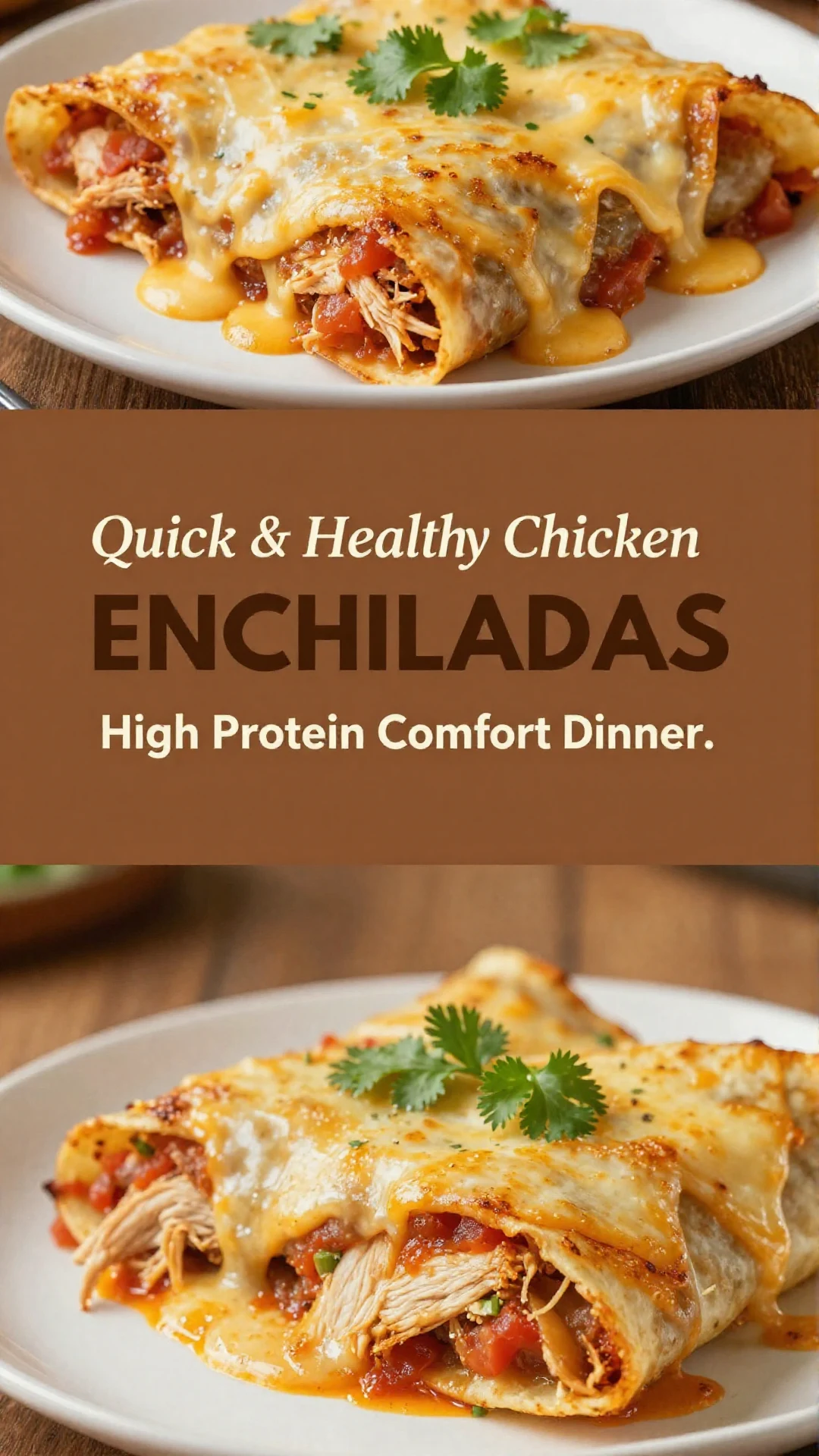 A plate of quick and healthy chicken enchiladas topped with fresh cilantro and avocado slices