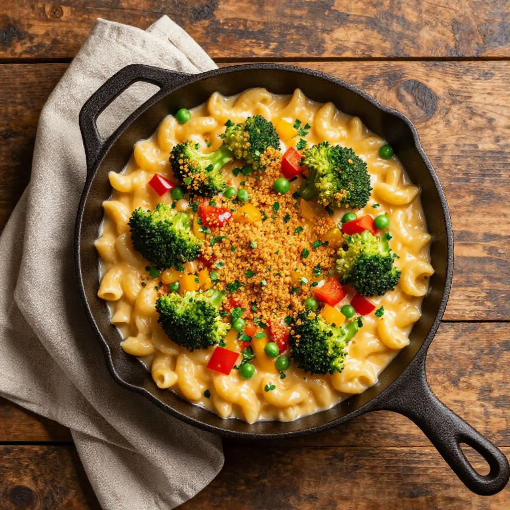 A creamy one pot veggie mac and cheese garnished with fresh parsley