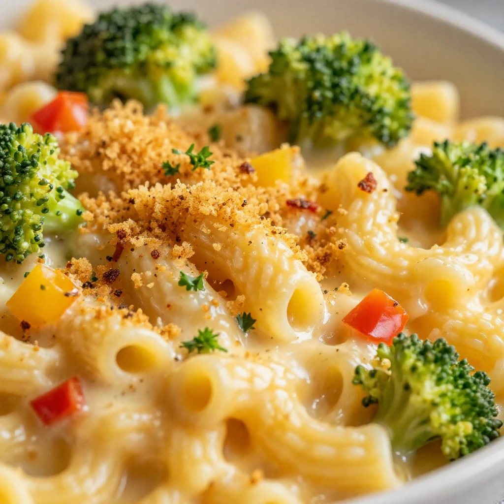 A creamy one pot veggie mac and cheese garnished with fresh parsley