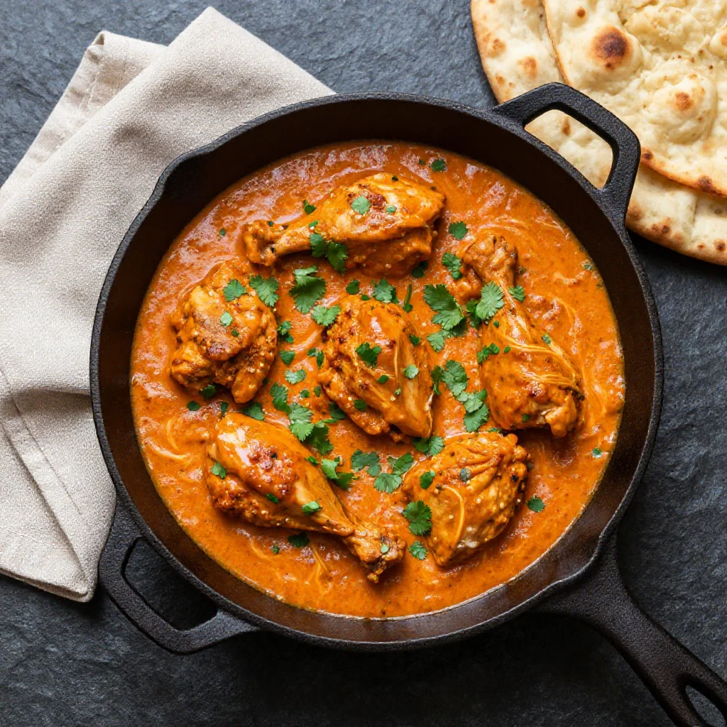 A bowl of Chicken Tikka Masala garnished with cilantro and served with rice