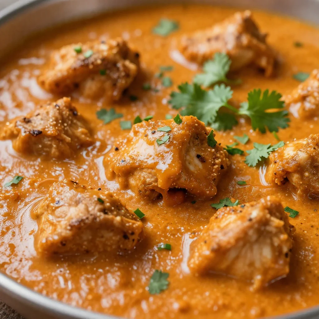 A bowl of Chicken Tikka Masala garnished with cilantro and served with rice