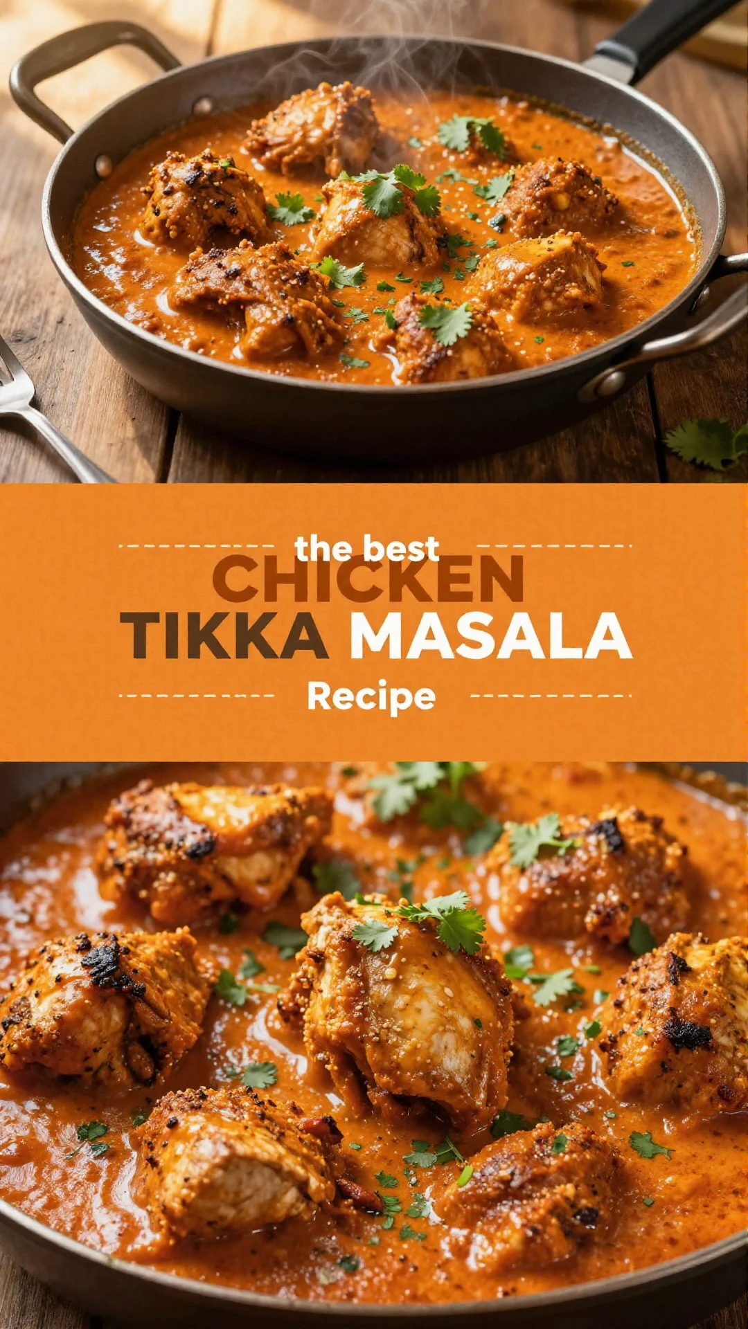 A bowl of Chicken Tikka Masala garnished with cilantro and served with rice