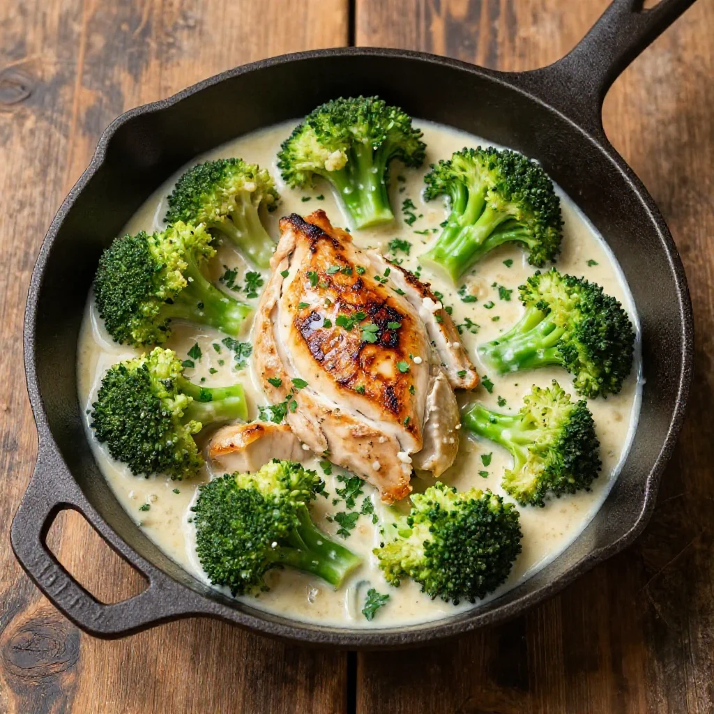Creamy garlic chicken and broccoli skillet in a cast iron pan