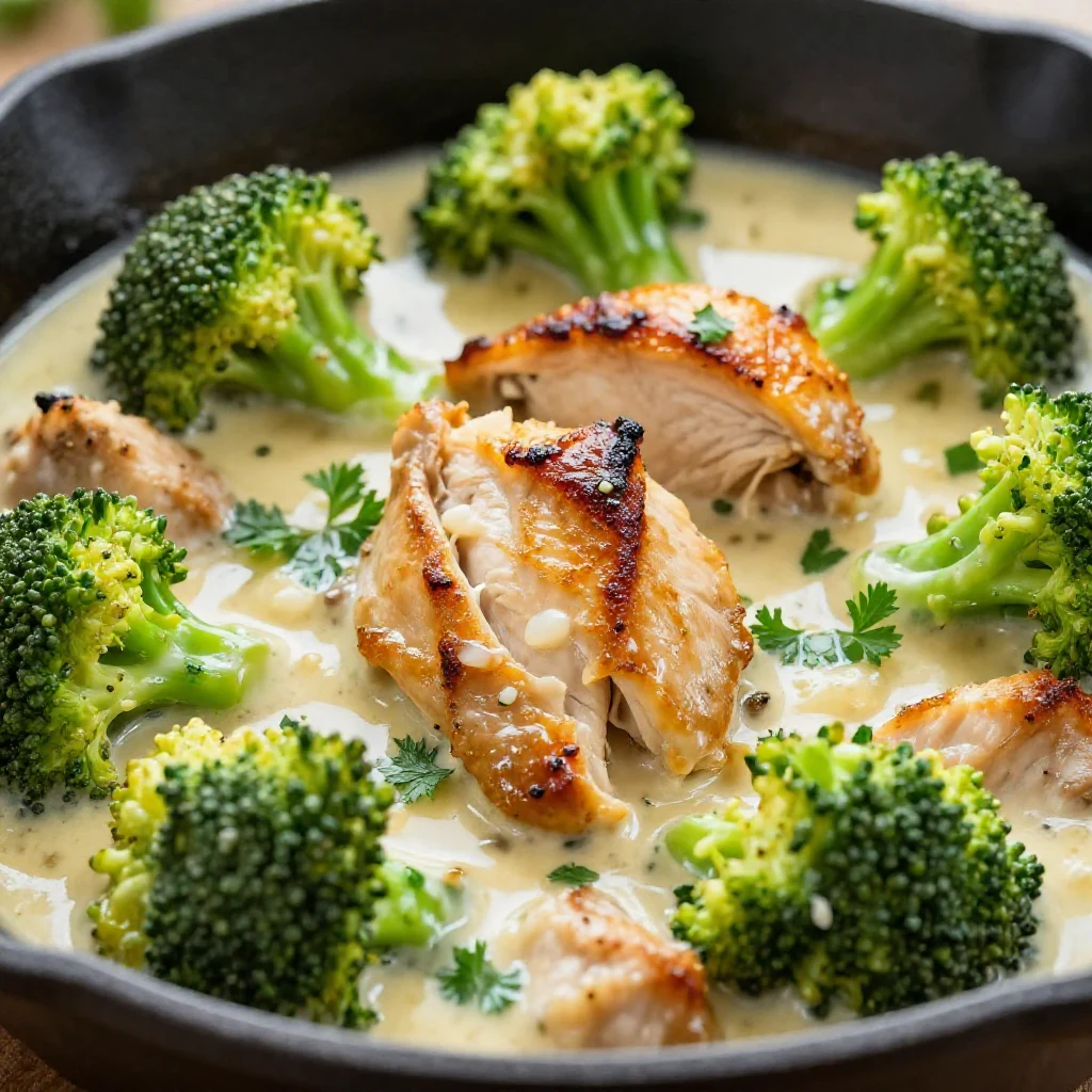 Creamy garlic chicken and broccoli skillet in a cast iron pan