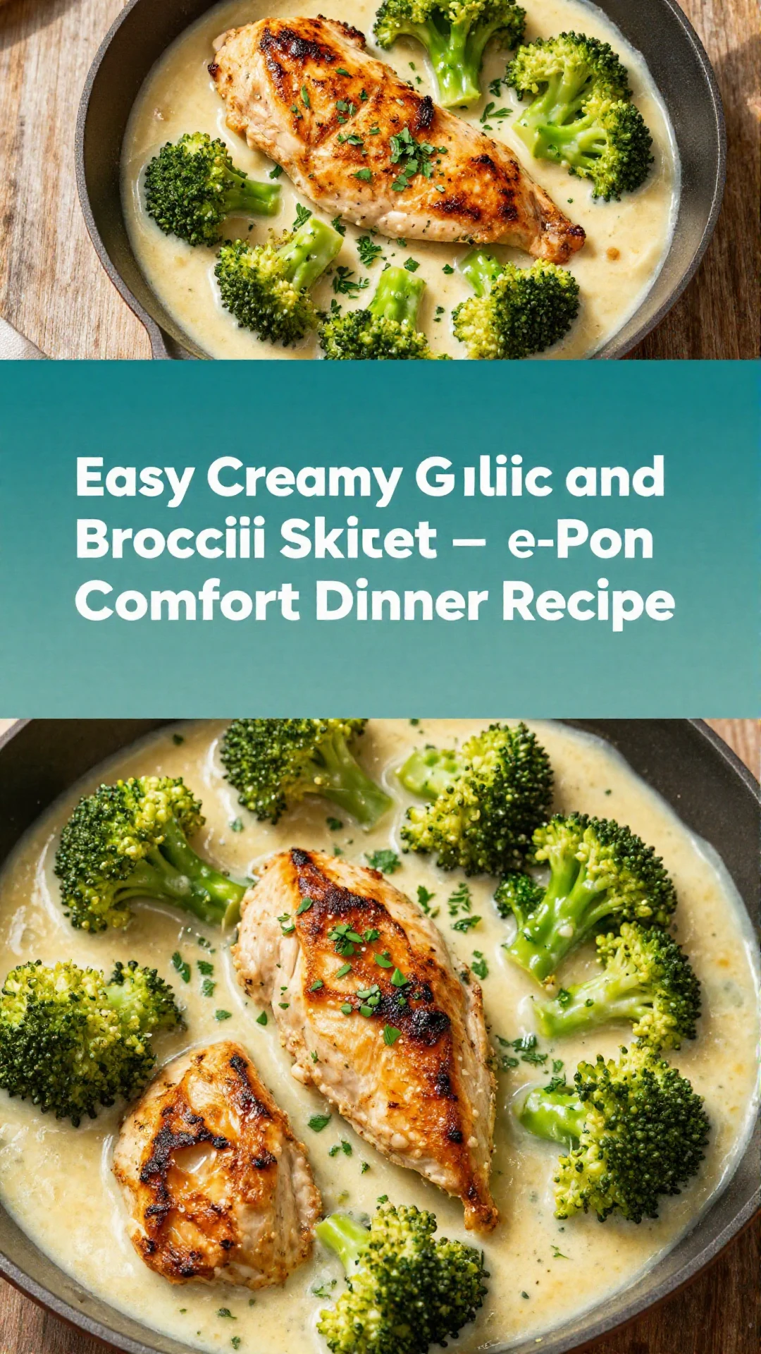 Creamy garlic chicken and broccoli skillet in a cast iron pan