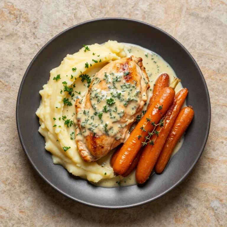 A delicious plate of creamy herb chicken served with fluffy mashed potatoes and honey glazed carrots.