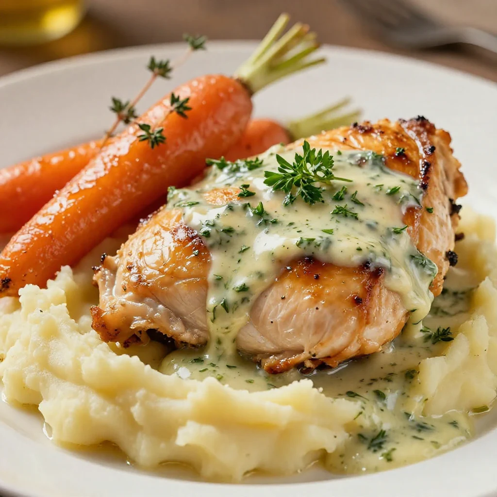 A delicious plate of creamy herb chicken served with fluffy mashed potatoes and honey glazed carrots.