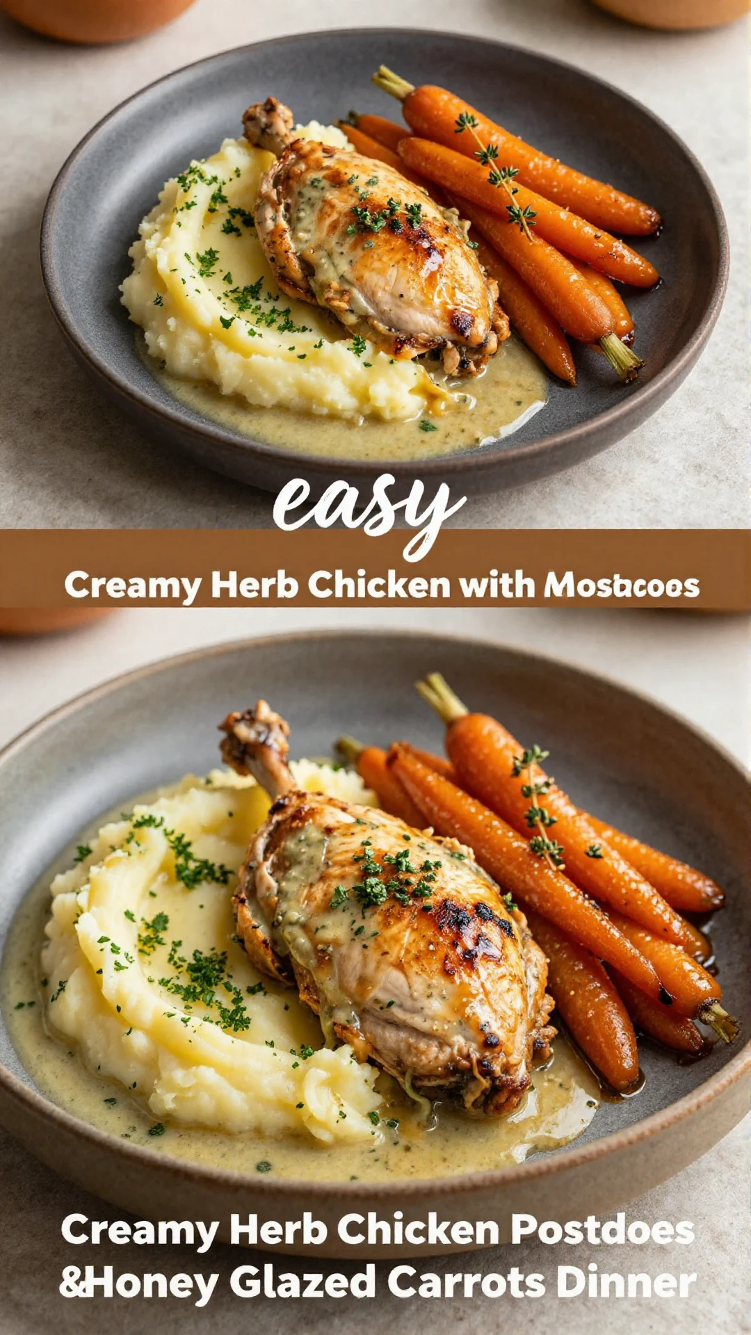 A delicious plate of creamy herb chicken served with fluffy mashed potatoes and honey glazed carrots.