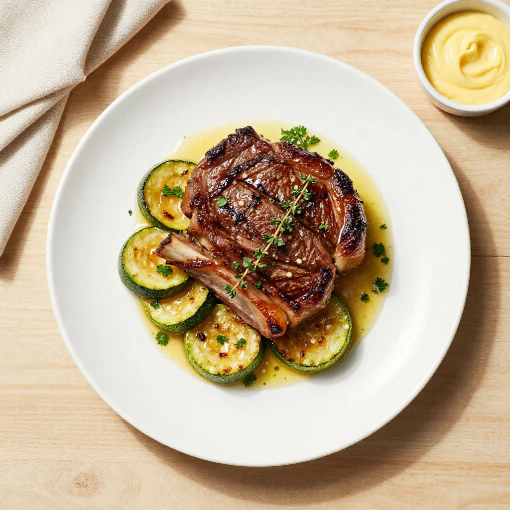 A beautifully plated garlic butter steak with sautéed zucchini on the side, garnished with herbs