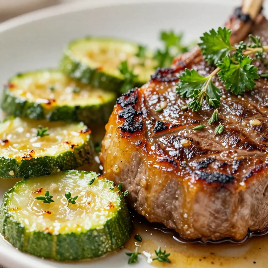 A beautifully plated garlic butter steak with sautéed zucchini on the side, garnished with herbs