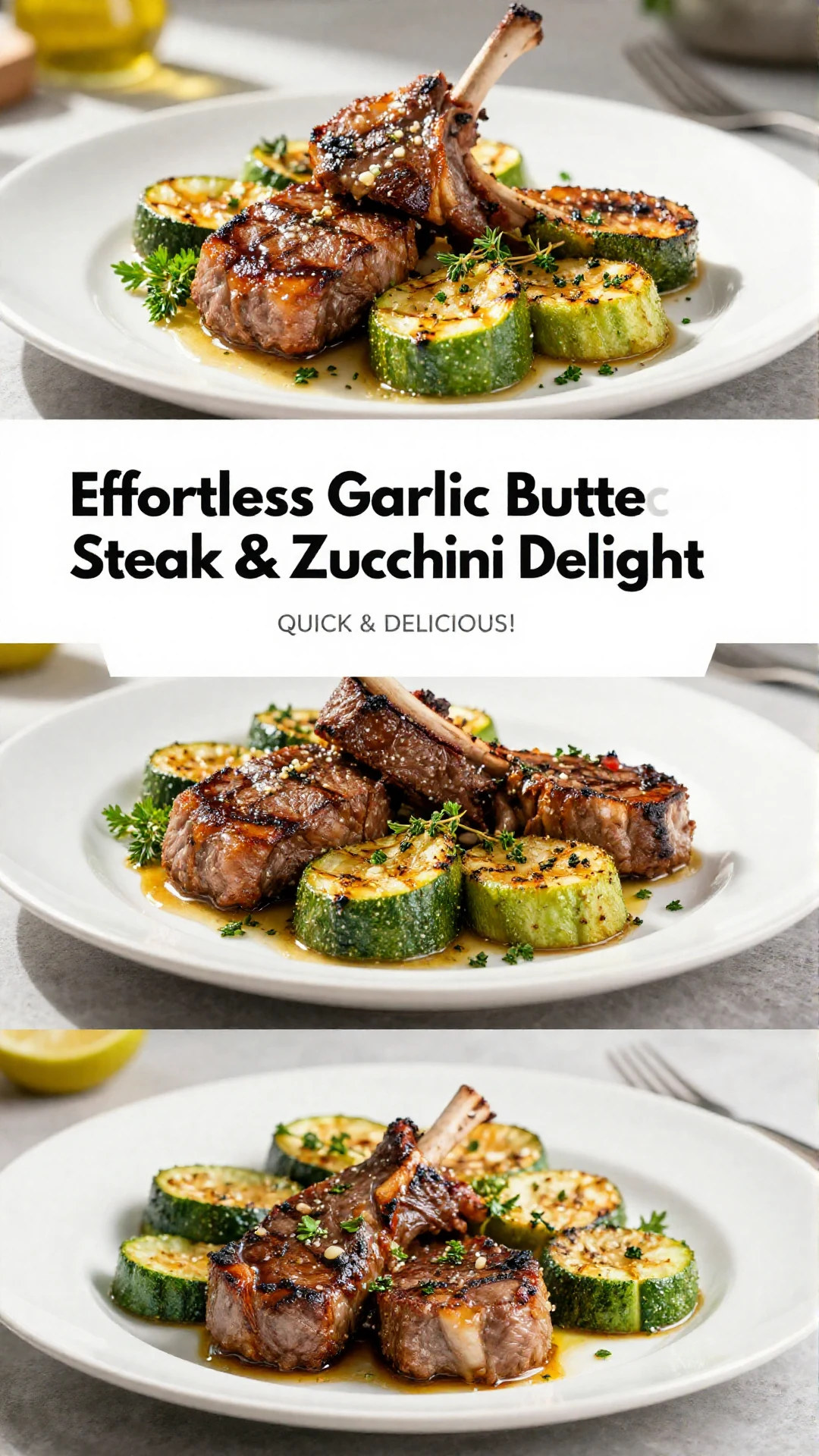 A beautifully plated garlic butter steak with sautéed zucchini on the side, garnished with herbs