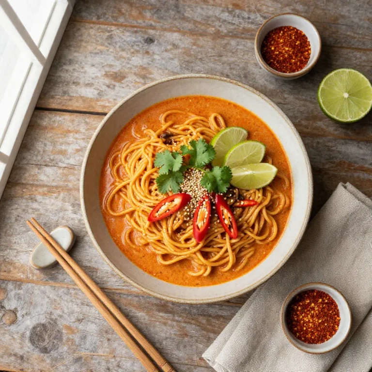 A bowl of easy Thai red curry noodles topped with fresh herbs and vegetables