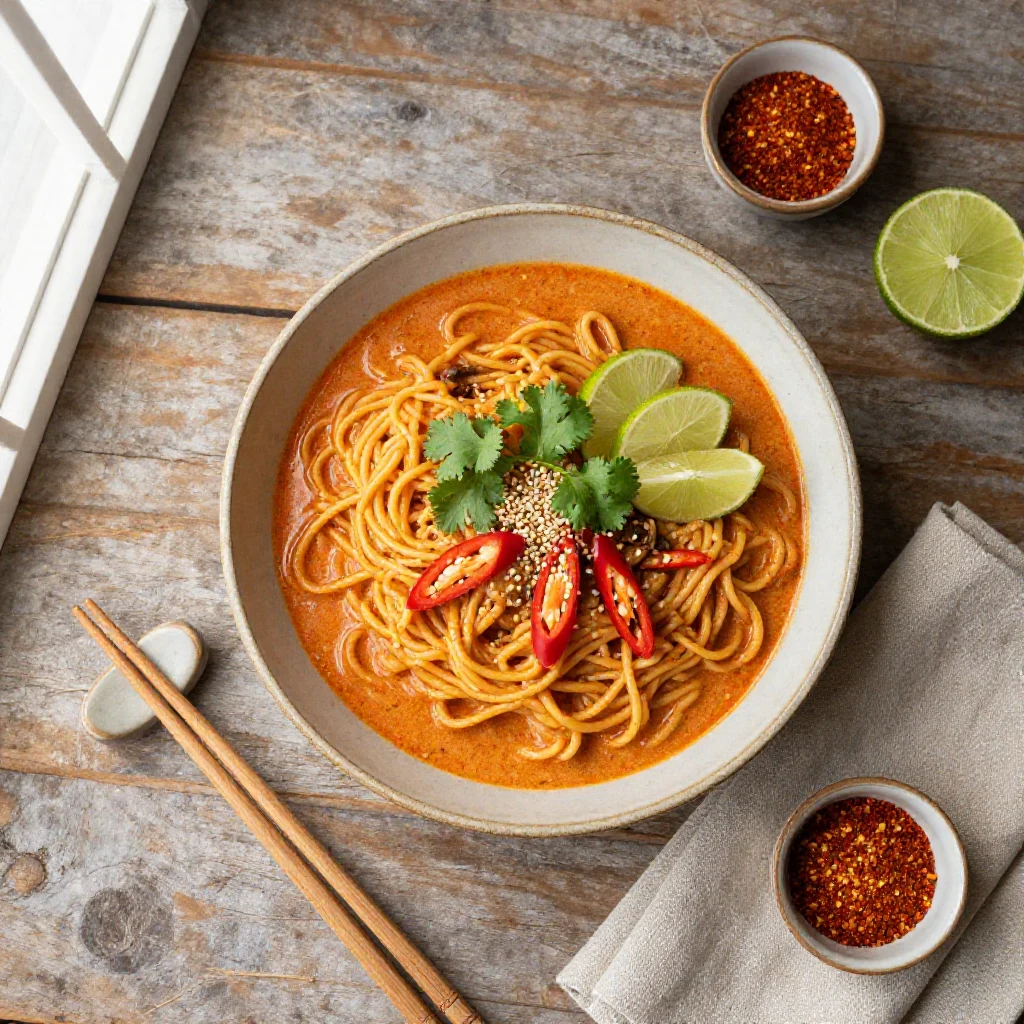 A bowl of easy Thai red curry noodles topped with fresh herbs and vegetables