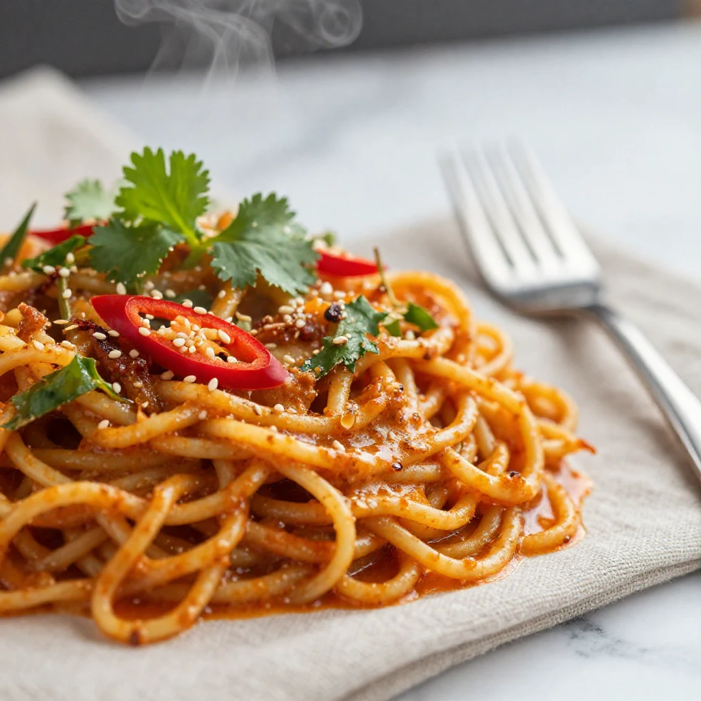 A bowl of easy Thai red curry noodles topped with fresh herbs and vegetables