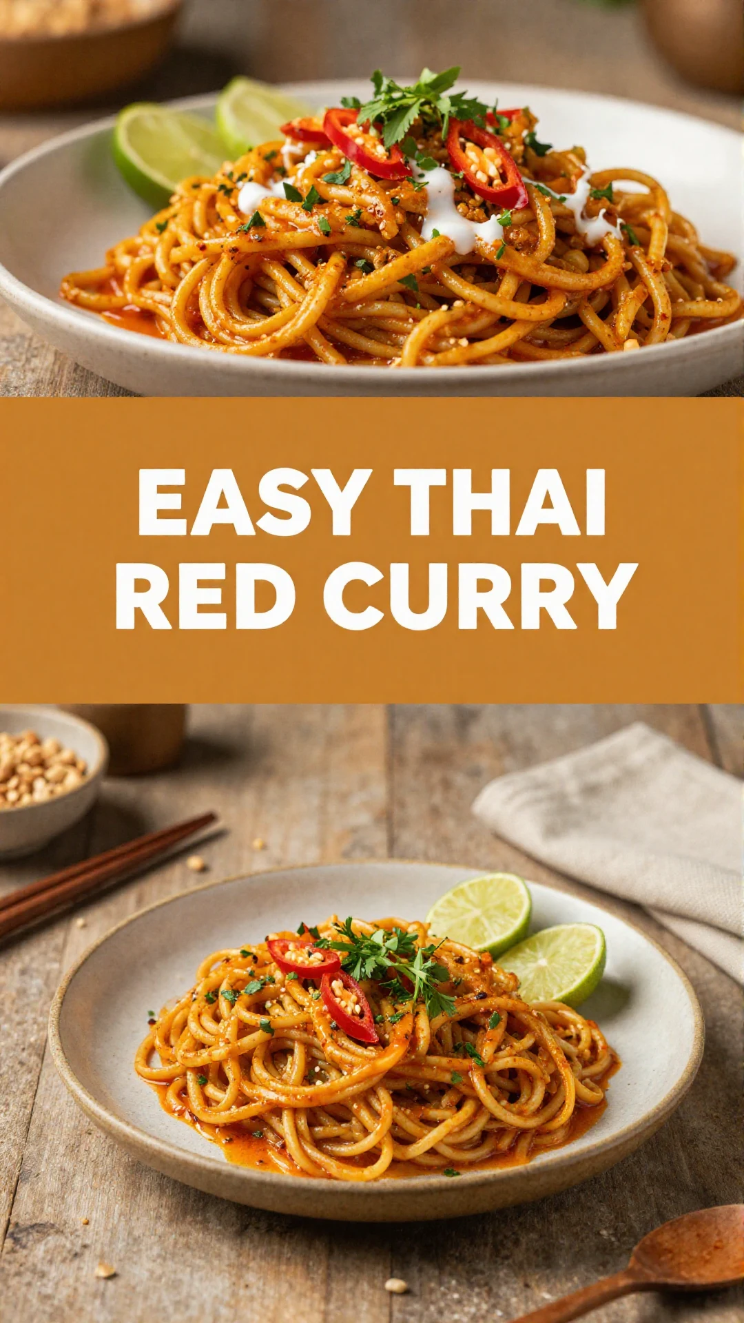 A bowl of easy Thai red curry noodles topped with fresh herbs and vegetables