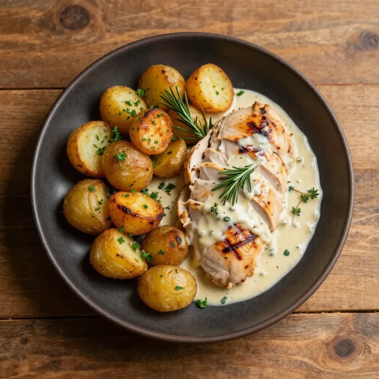 A plate of high protein creamy garlic chicken served with crispy potatoes and garnished with herbs
