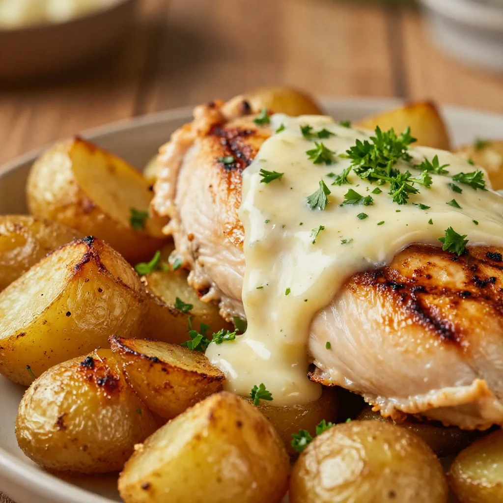 A plate of high protein creamy garlic chicken served with crispy potatoes and garnished with herbs