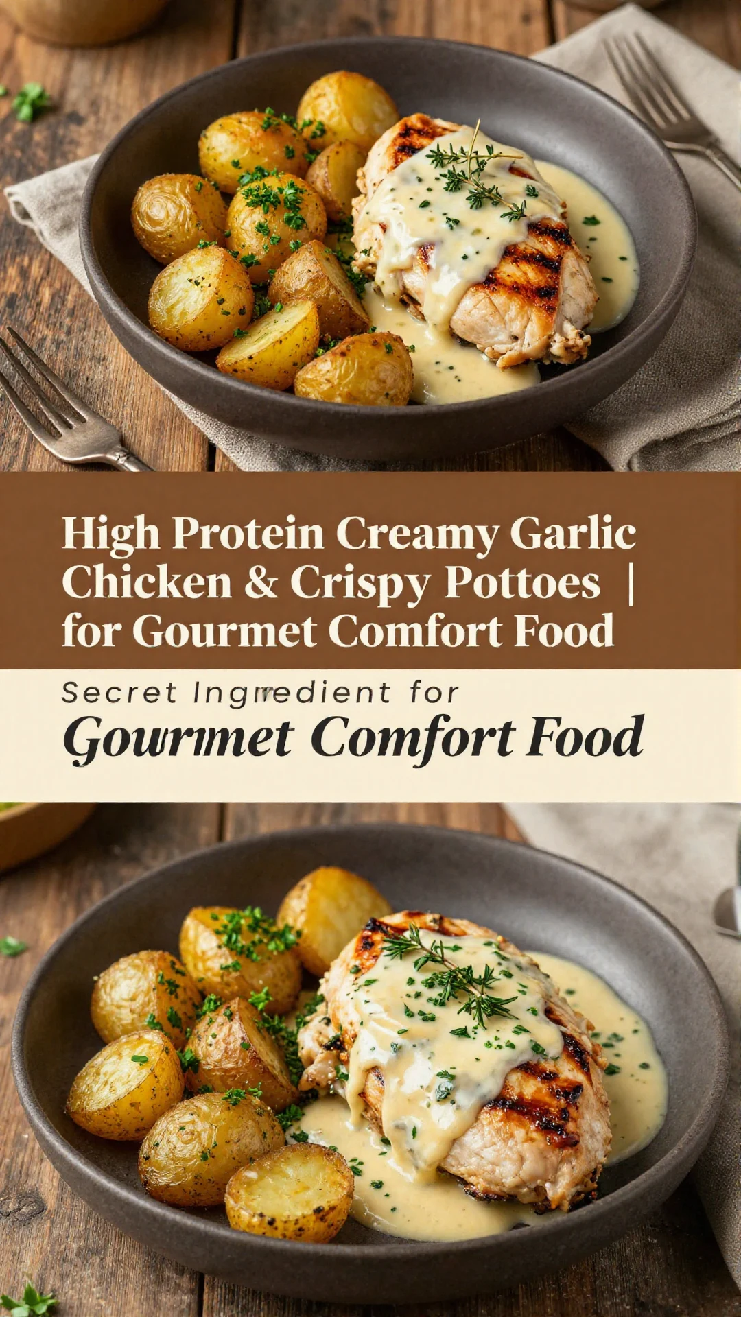 A plate of high protein creamy garlic chicken served with crispy potatoes and garnished with herbs