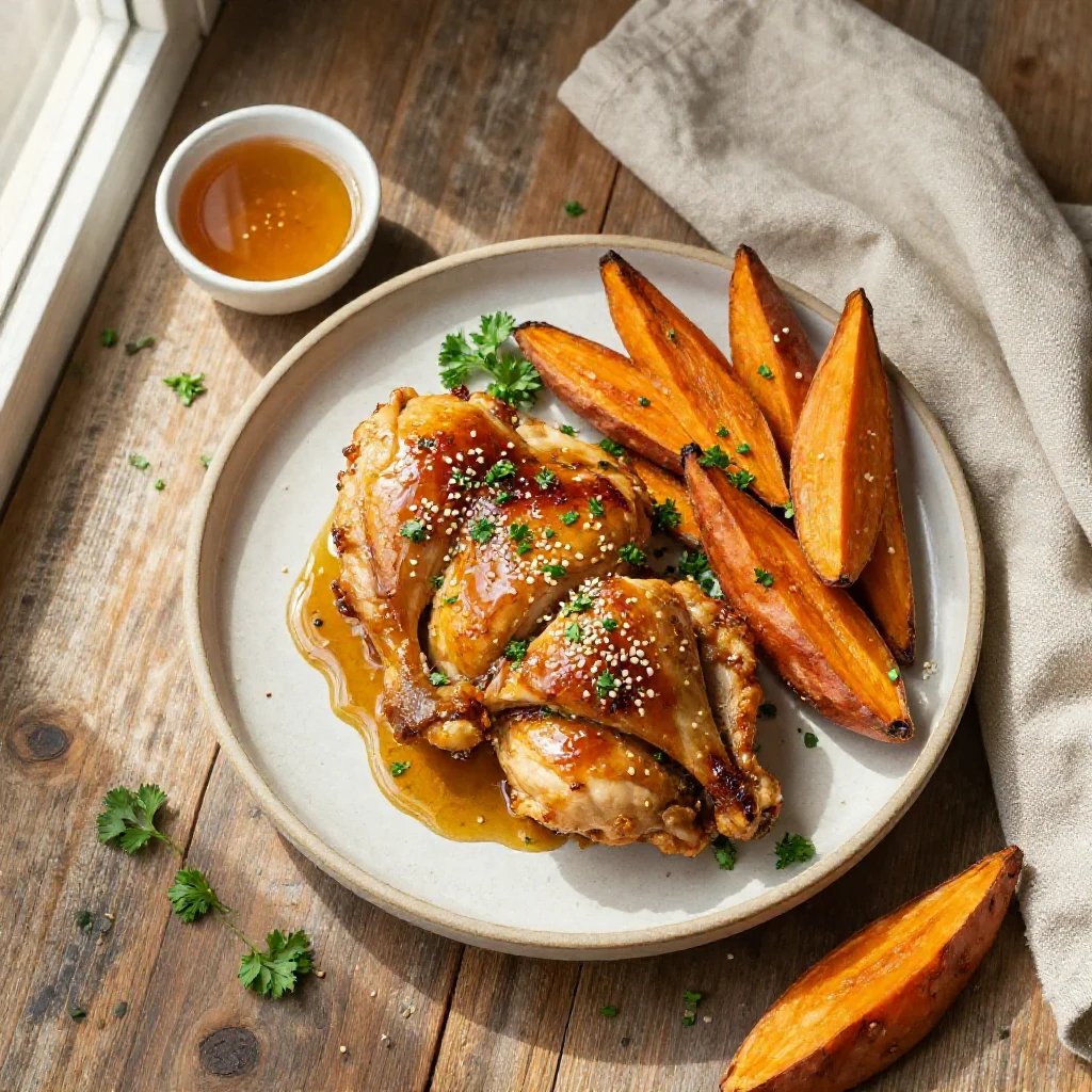 Plate of honey garlic chicken served with roasted sweet potatoes and vegetables