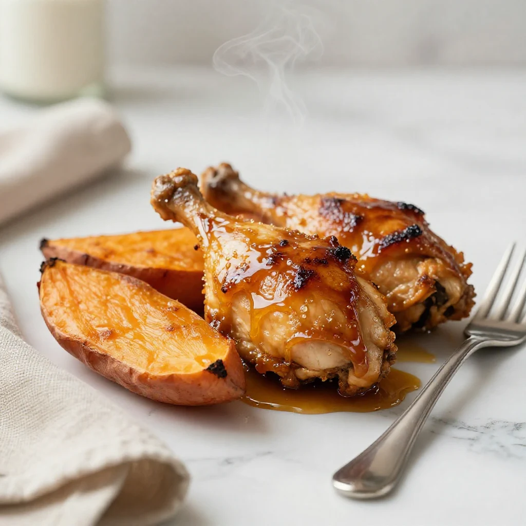 Plate of honey garlic chicken served with roasted sweet potatoes and vegetables