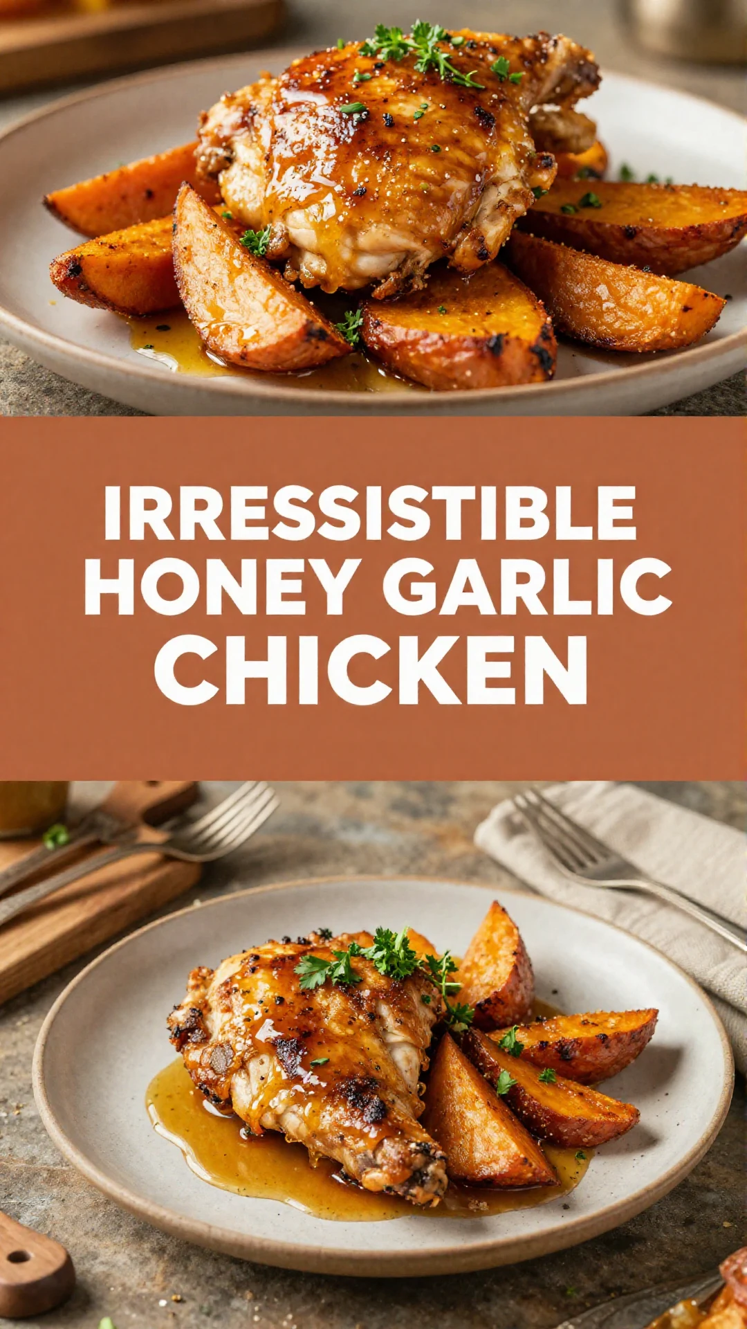 Plate of honey garlic chicken served with roasted sweet potatoes and vegetables