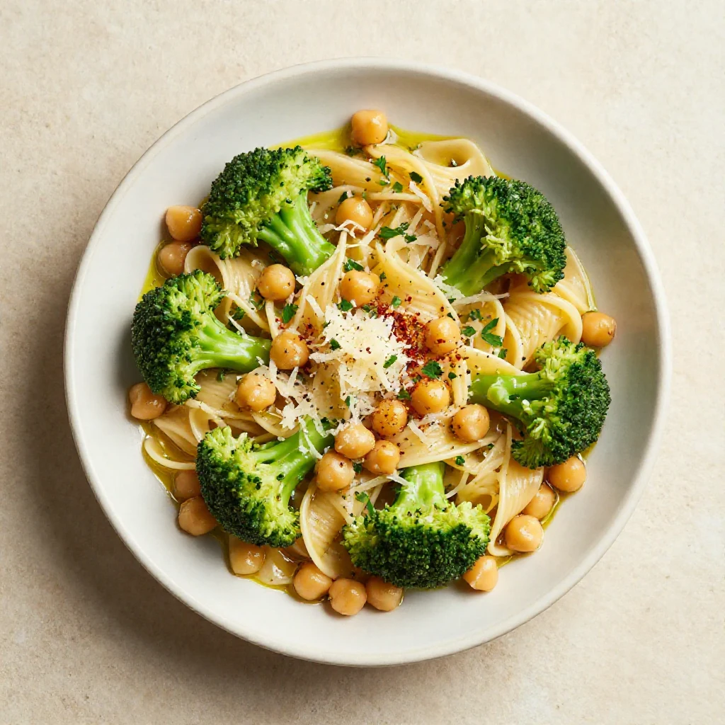 A vibrant plate of broccoli chickpea pasta topped with fresh herbs