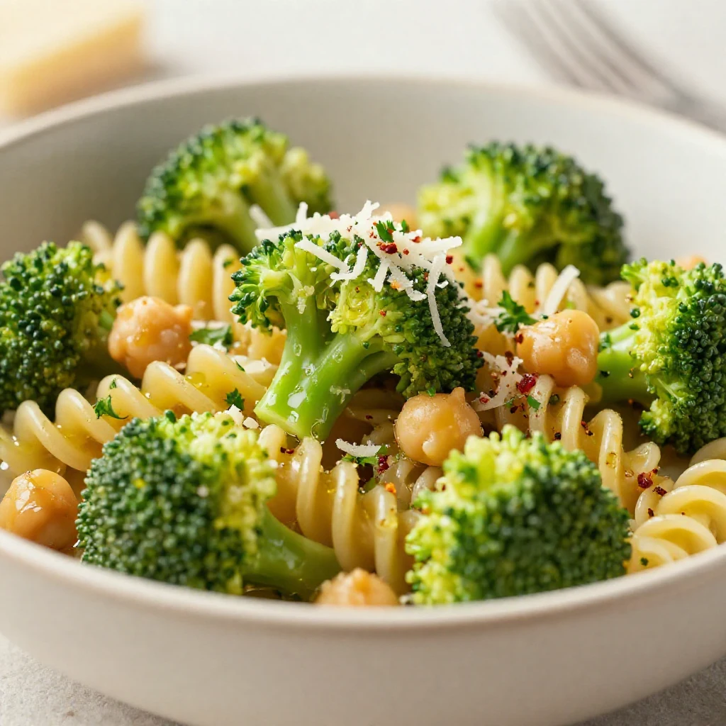 A vibrant plate of broccoli chickpea pasta topped with fresh herbs