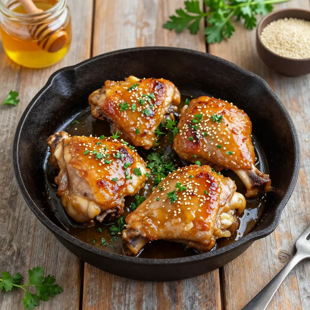 Delicious honey garlic chicken thighs garnished with green onions
