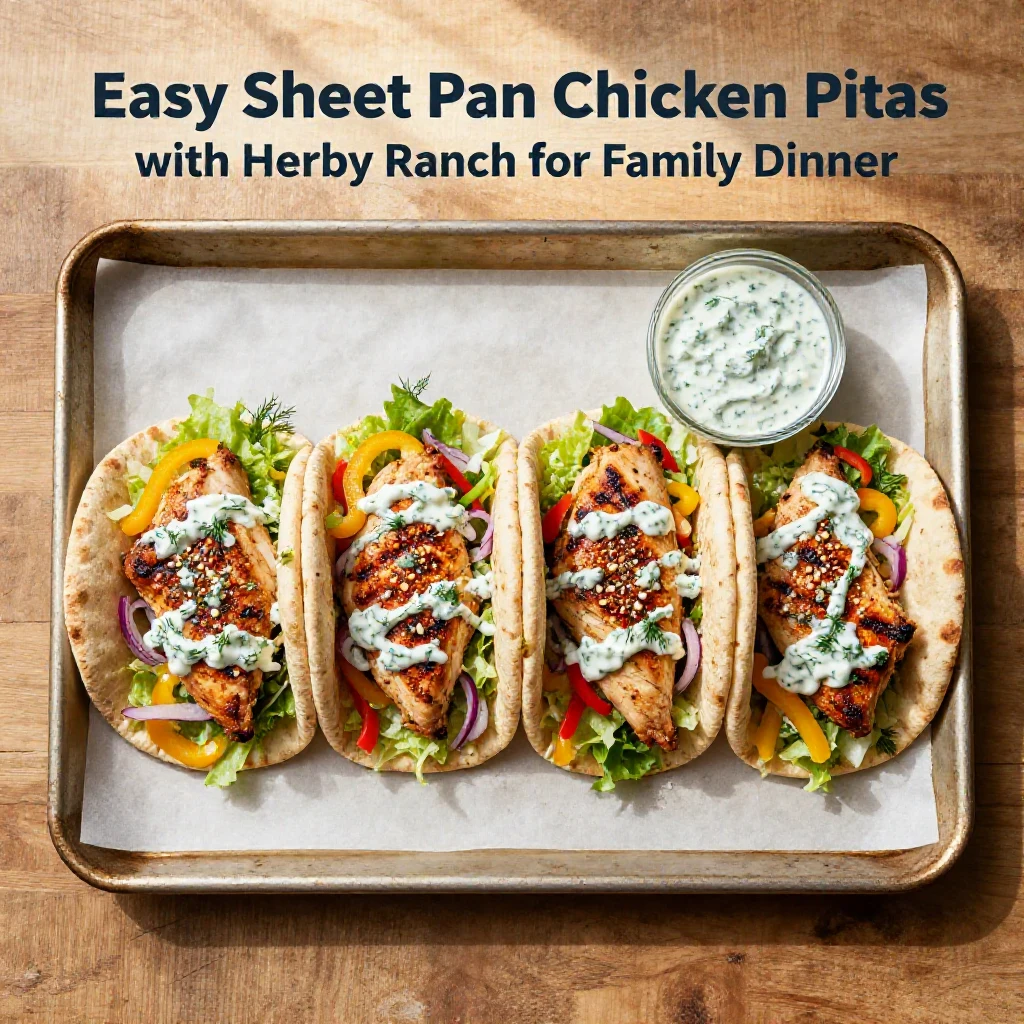 Delicious sheet pan chicken pitas served with herby ranch dressing on a wooden table