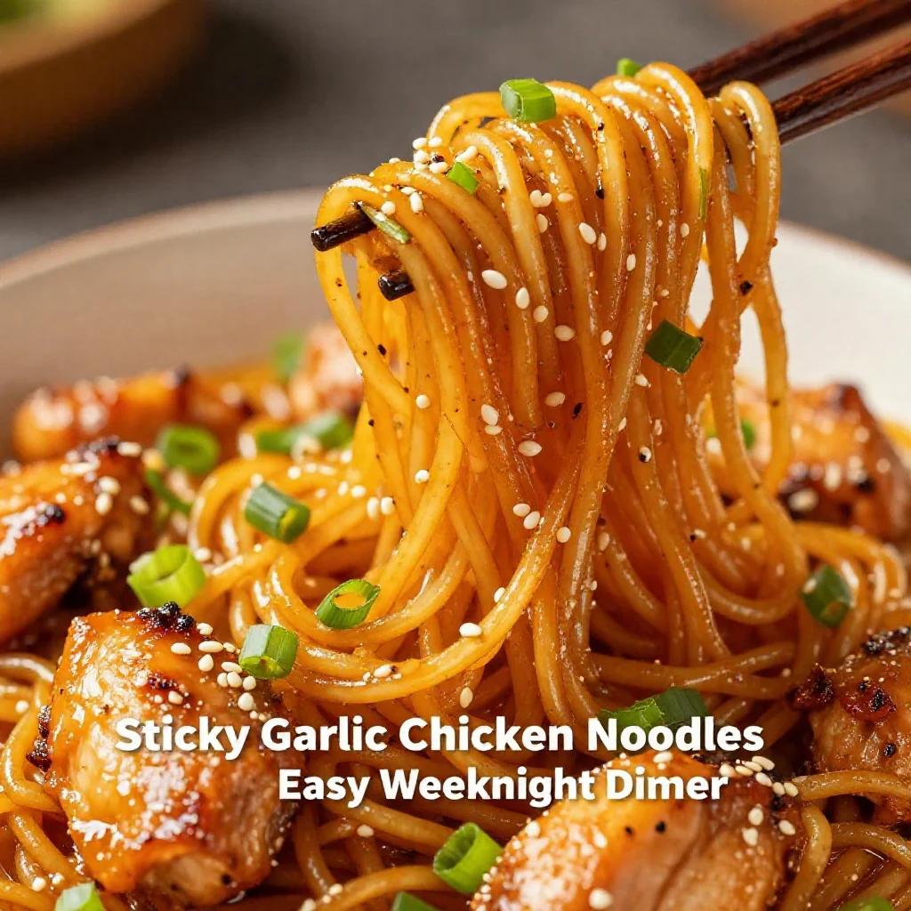 A plate of sticky garlic chicken noodles garnished with green onions and sesame seeds