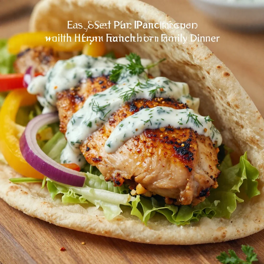 Delicious sheet pan chicken pitas served with herby ranch dressing on a wooden table