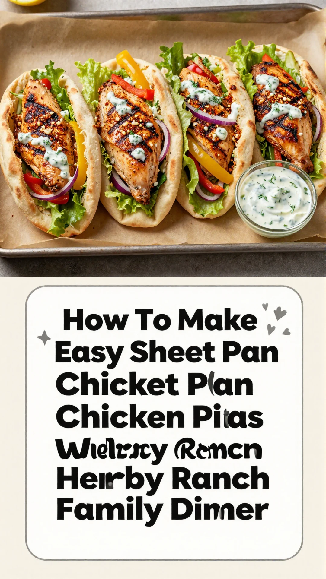 Delicious sheet pan chicken pitas served with herby ranch dressing on a wooden table