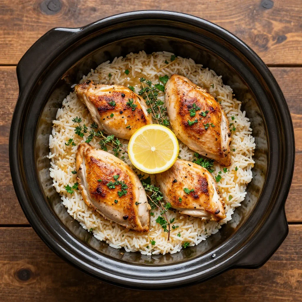 A steaming bowl of slow cooker lemon herb chicken served with fluffy rice and garnished with fresh herbs