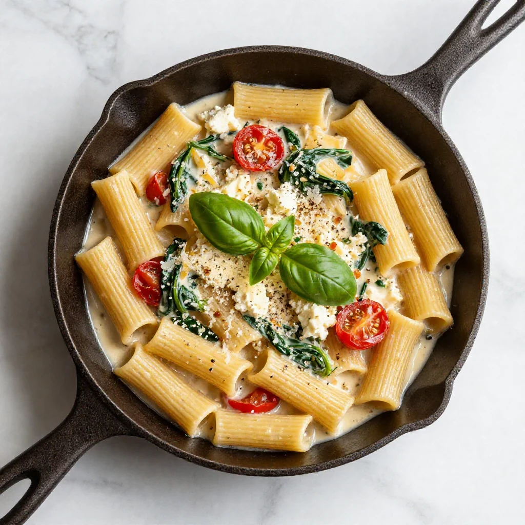 A bowl of Healthy Cottage Cheese Rigatoni topped with fresh herbs and cherry tomatoes