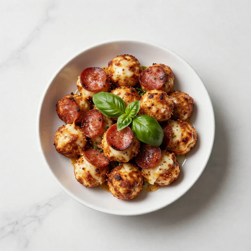 A plate of Keto Pepperoni Pizza Bites garnished with herbs