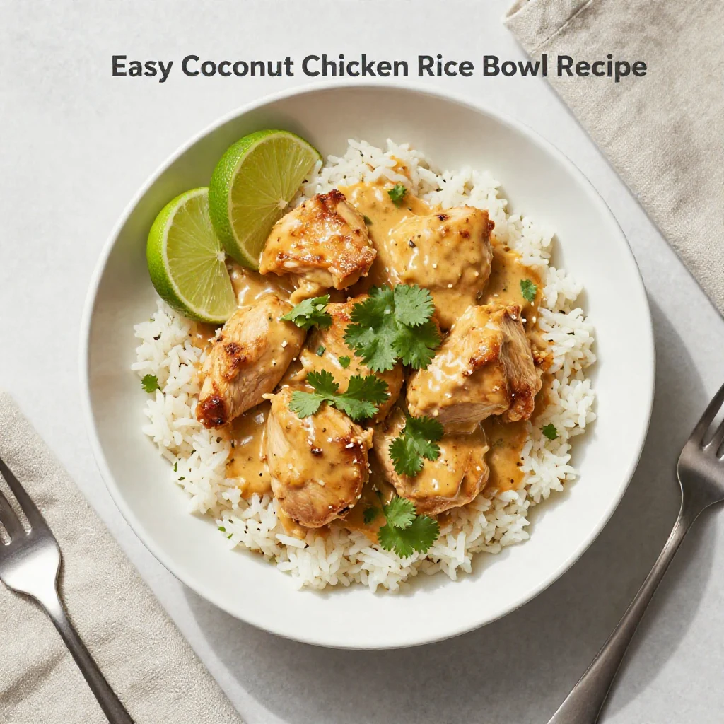 A delicious coconut chicken rice bowl topped with fresh herbs and lime slices