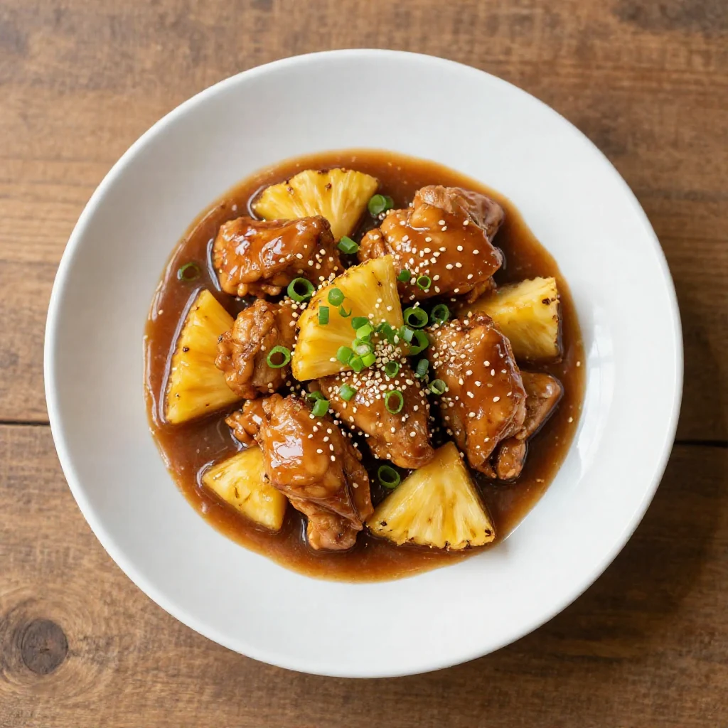 A plate of brown sugar pineapple chicken garnished with fresh herbs