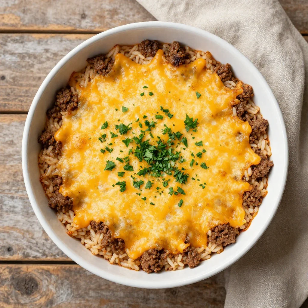 A delicious cheesy ground beef and rice casserole topped with melted cheese and herbs