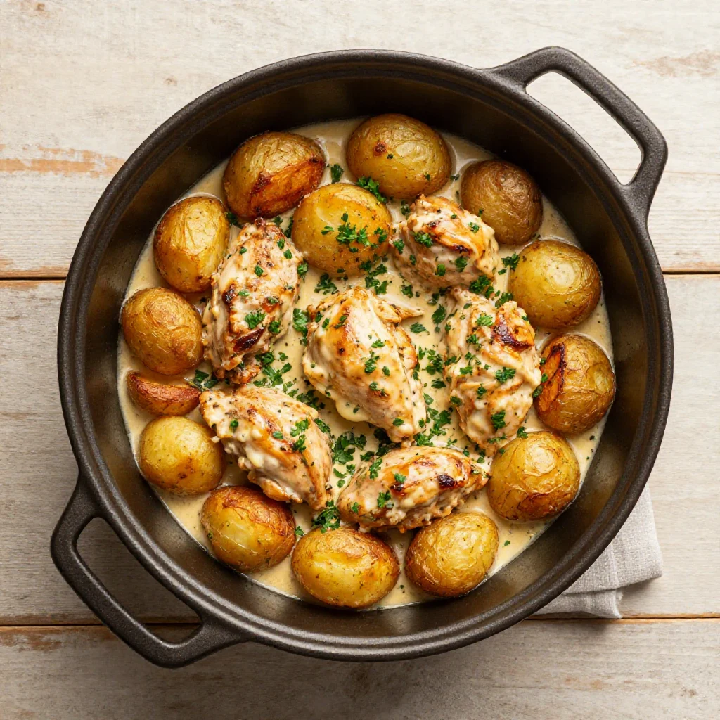 A delicious serving of Garlic Parmesan Crockpot Chicken with tender potatoes