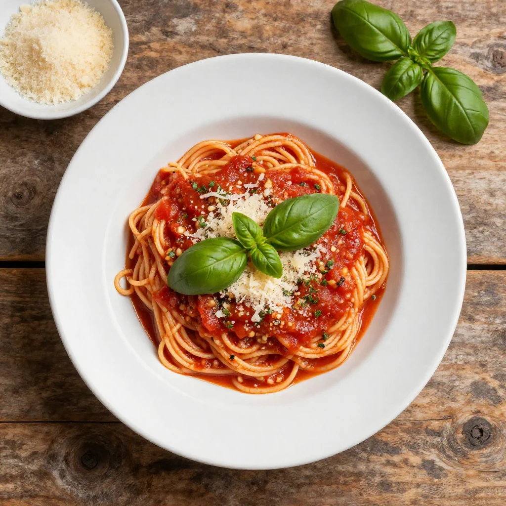 A bowl of creamy tomato garlic pasta garnished with fresh basil and parmesan cheese