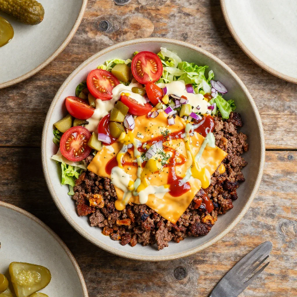 A delicious smash burger bowl featuring a juicy beef patty, fresh vegetables, and creamy sauce