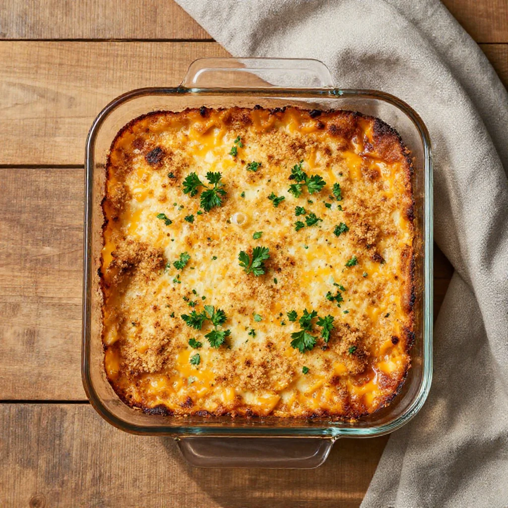 A delicious 5-ingredient casserole inspired by Dolly Parton's recipe, served in a rustic dish.