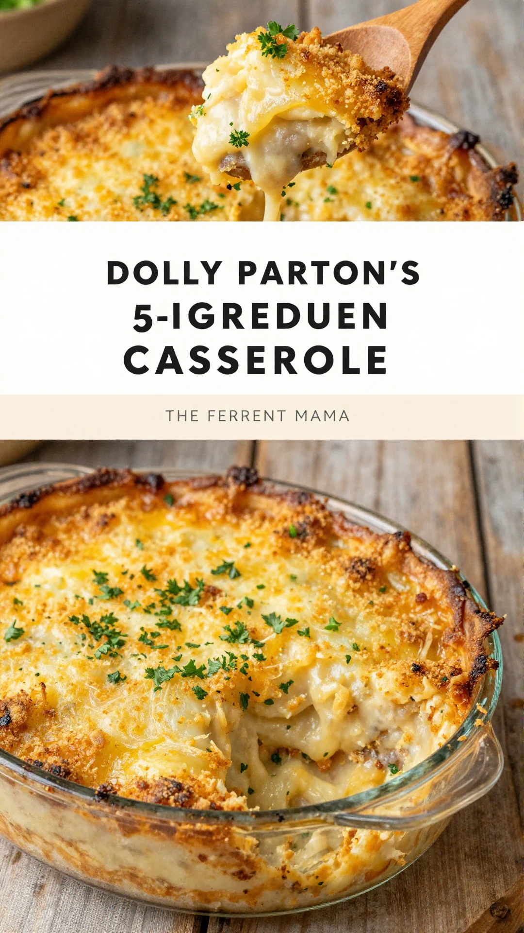 A delicious 5-ingredient casserole inspired by Dolly Parton's recipe, served in a rustic dish.