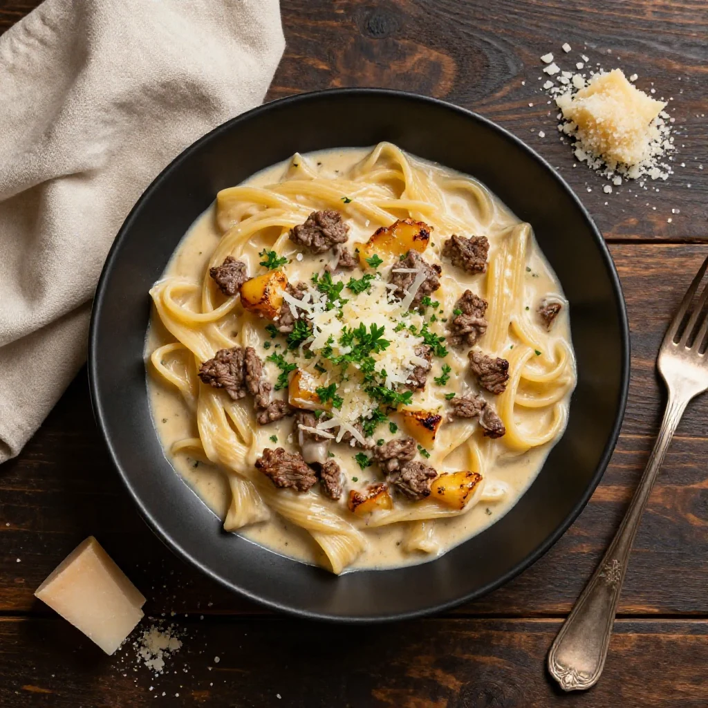 A bowl of creamy beef pasta topped with parsley and grated cheese